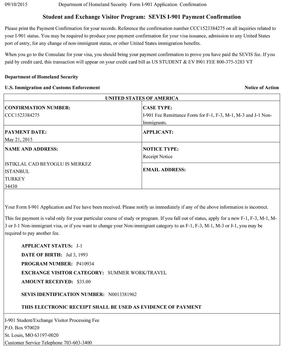 Department of Homeland Security  Form I-901 Application Confirmation